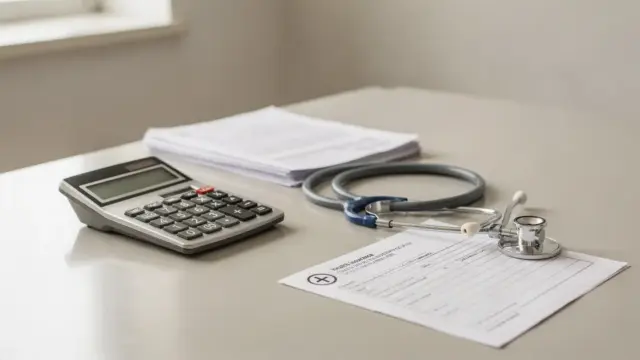 Tisch mit Taschenrechner, Unterlagen und Stethoskop zum Thema Zuzahlungsgrenze der Krankenkasse