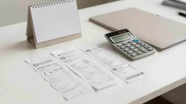 Kalender, Belege und Rechner zur Zuzahlungsbefreiung fürs Jahr auf einem Schreibtisch