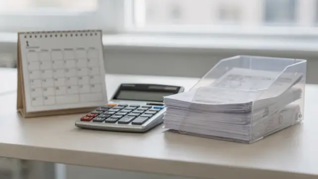 Kalender, Belege und Taschenrechner zur Zuzahlungsbefreiung fürs Jahr auf einem Schreibtisch