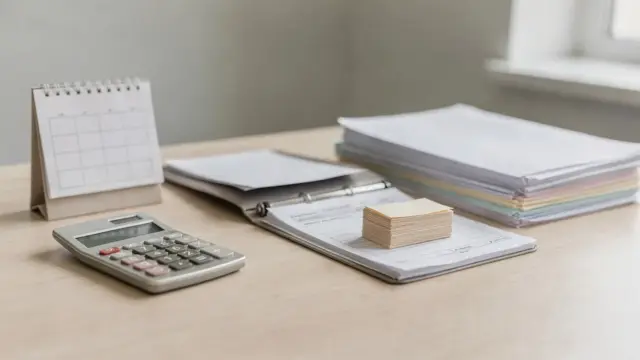 Kalender, Rechner und Unterlagen zur Zuzahlungsbefreiung im Jahr auf einem Schreibtisch