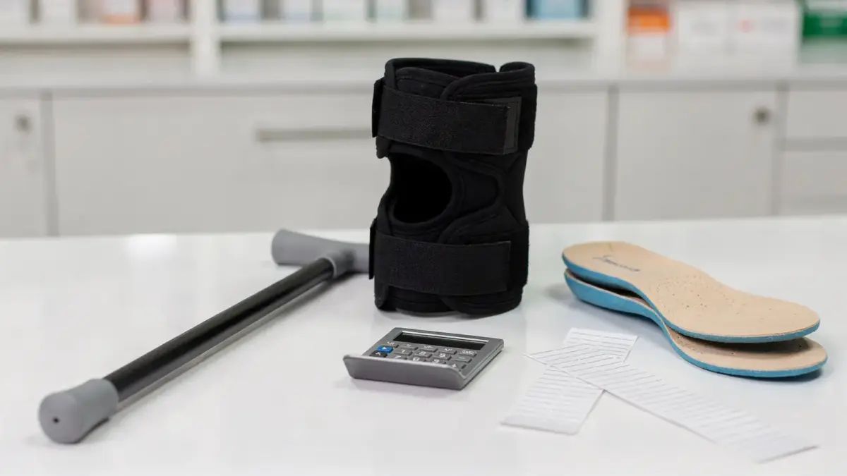 Hilfsmittel-Zuzahlung: Assistive Geräte und Unterlagen auf einem hellen Tresen