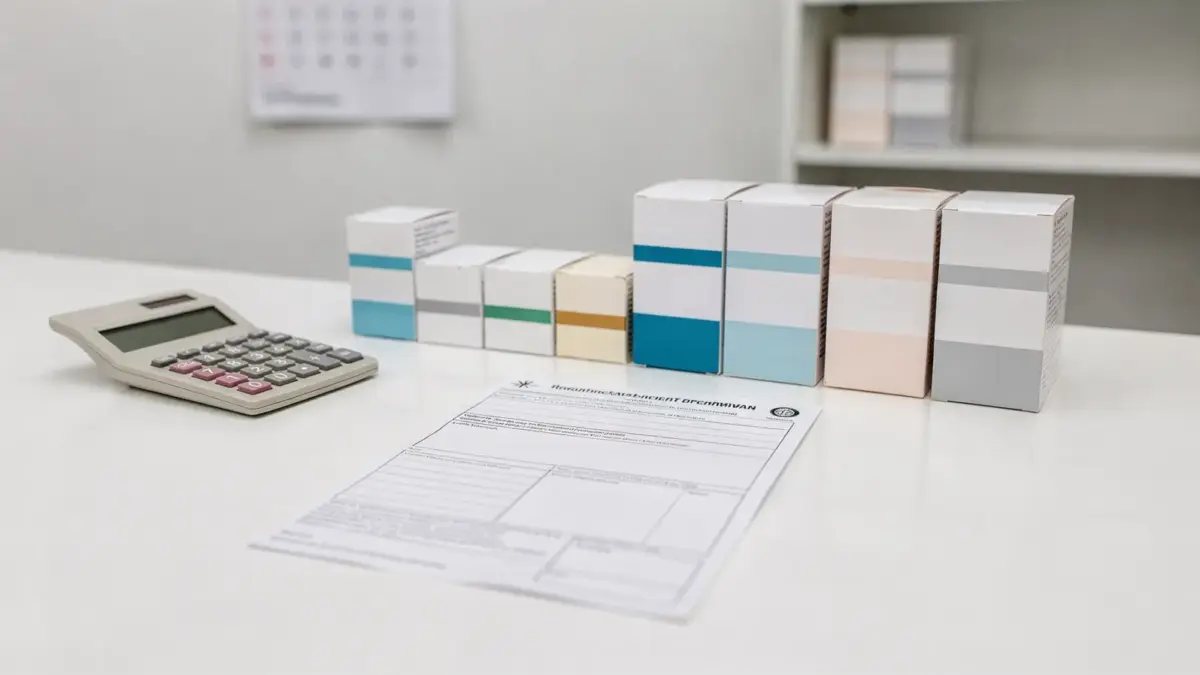 Apotheken-Theke mit Medikamenten und Formular zum Thema chronische Krankheit zuzahlungsfrei