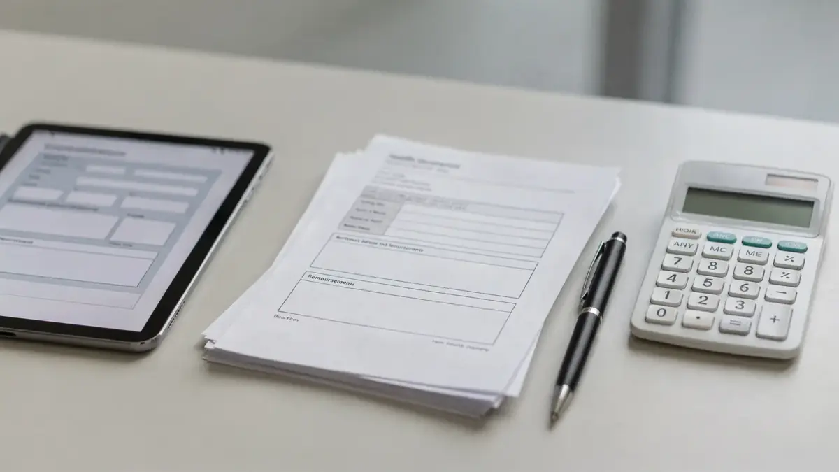Krankenkasse-Bezuschussung mit Unterlagen, Rechner und Tablet zur Erstattung