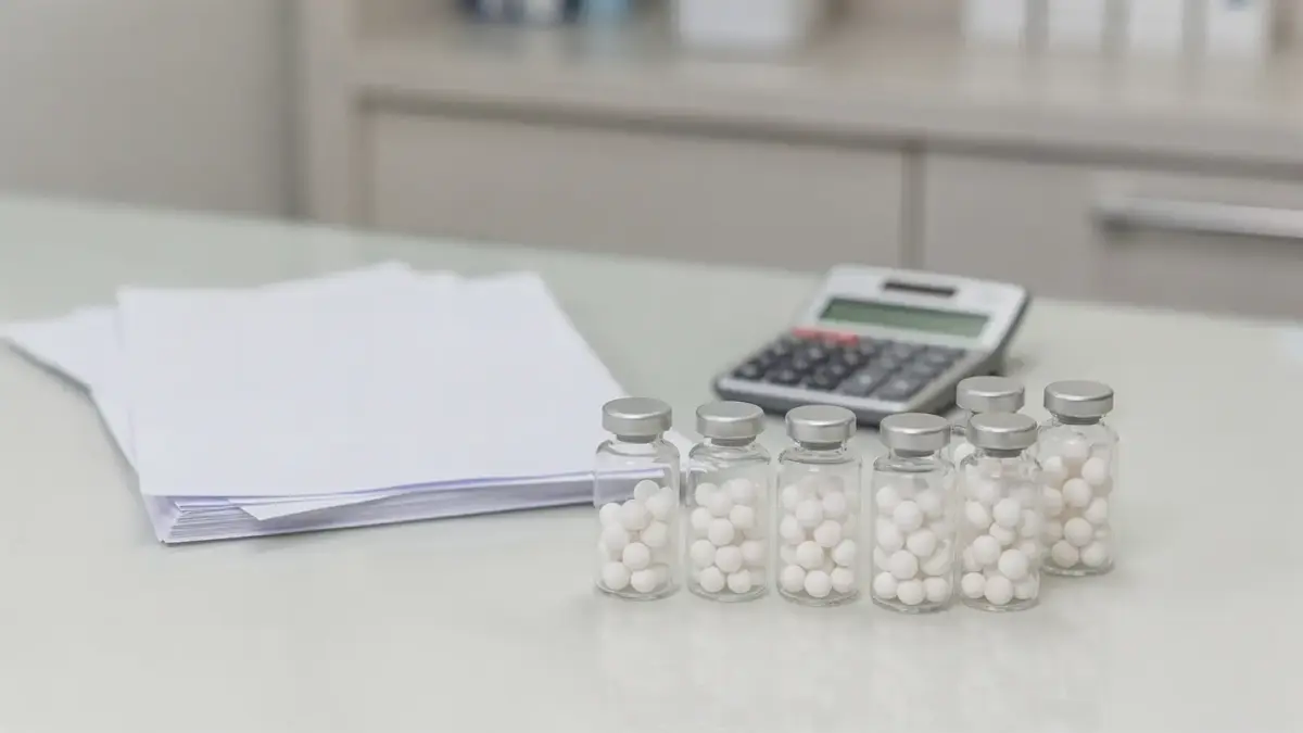Homöopathie auf Kasse: Versicherungsunterlagen, Globuli und ein Arztpult in einer Praxis