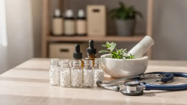 Homöopathie und Krankenkasse: Stethoskop, Versicherungsunterlagen und Globuli auf einem Schreibtisch