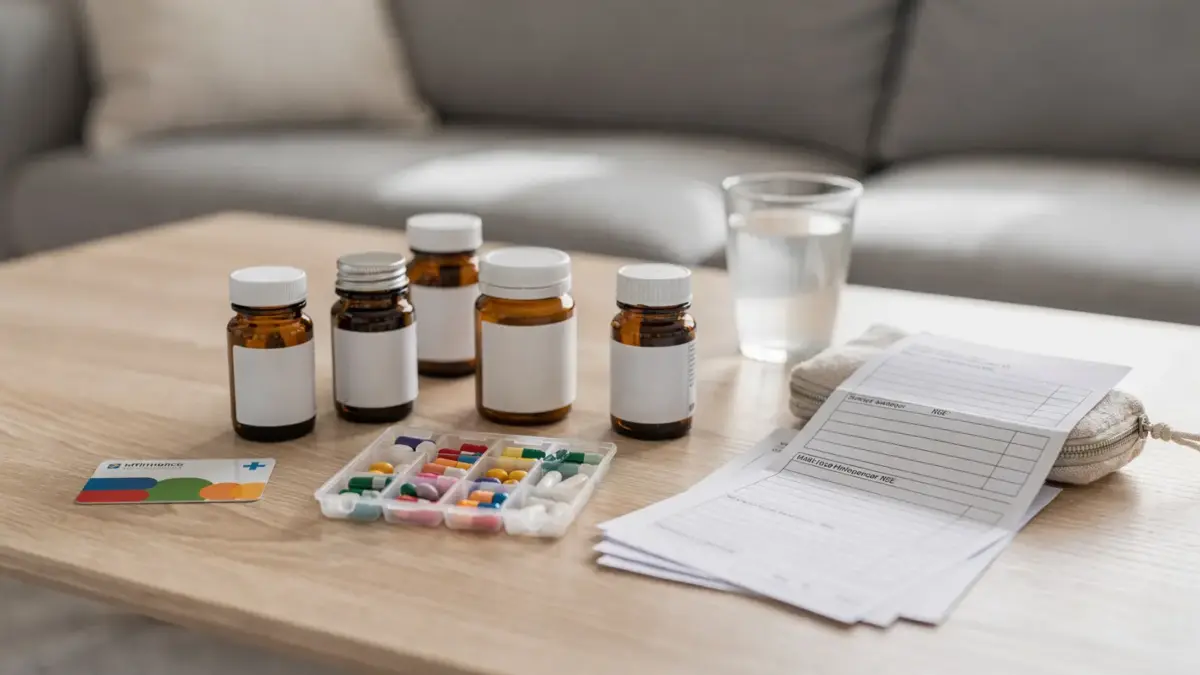 Apotheken-Theke mit Medikamenten und Formular zum Thema chronische Krankheit zuzahlungsfrei
