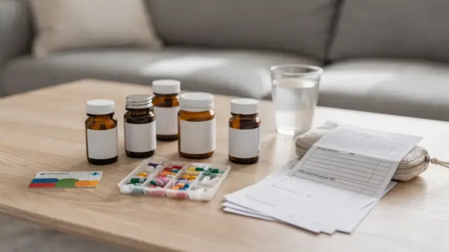 Apotheken-Theke mit Medikamenten und Formular zum Thema chronische Krankheit zuzahlungsfrei