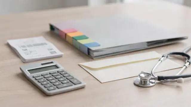 Krankenkasse und Belege zur Zuzahlungserstattung auf einem Schreibtisch