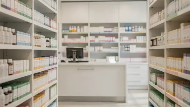 Apotheke vor Ort mit Verkaufsregalen und Beratungstheke zum Thema sofort verfügbare Medikamente