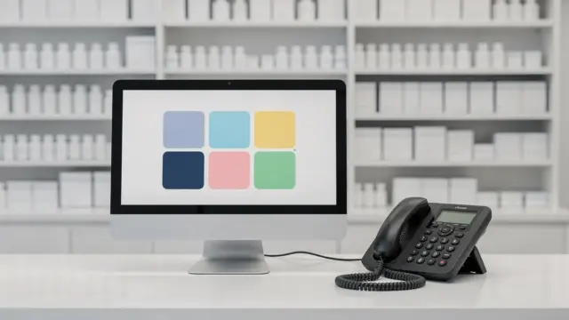 Apotheken-Notdienst online: Apothekentheke mit Computer und Medikamentenregal