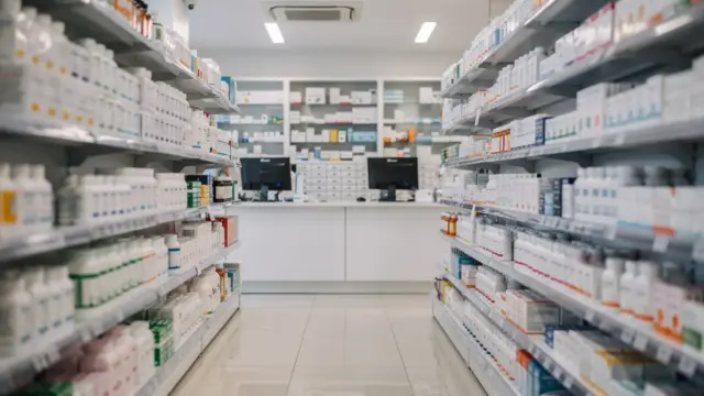 Apotheke vor Ort mit Verkaufsregalen und Beratungstheke zum Thema sofort verfügbare Medikamente