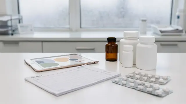 Rezeptpad, Tabletten und Medikamentenverpackungen zum Thema Gicht-Medikamente rezeptpflichtig
