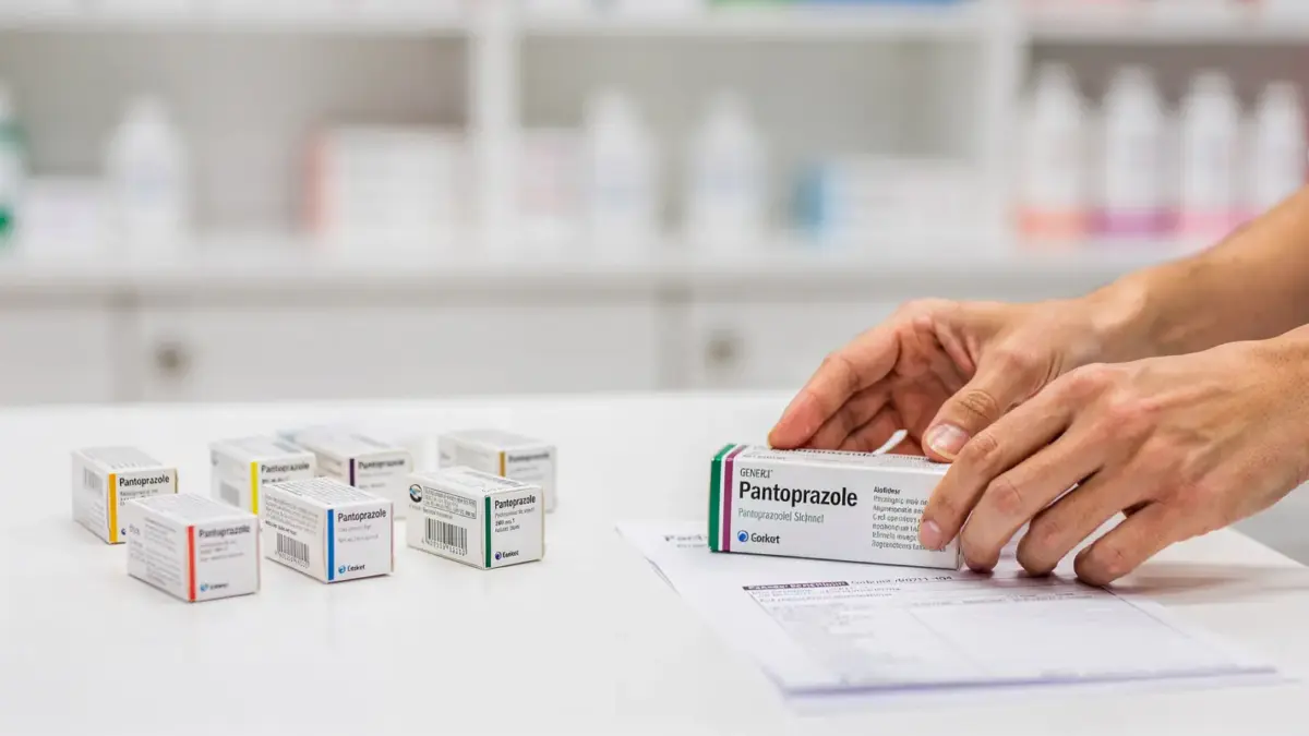 Pantoprazol-Packung in der Apotheke zum Thema Rezeptpflicht und rezeptfreie Formen