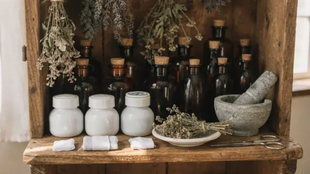 Vintage Hausapotheke mit Glasflaschen, Kräutern und Mörser zum Thema traditionelle Hausmittel