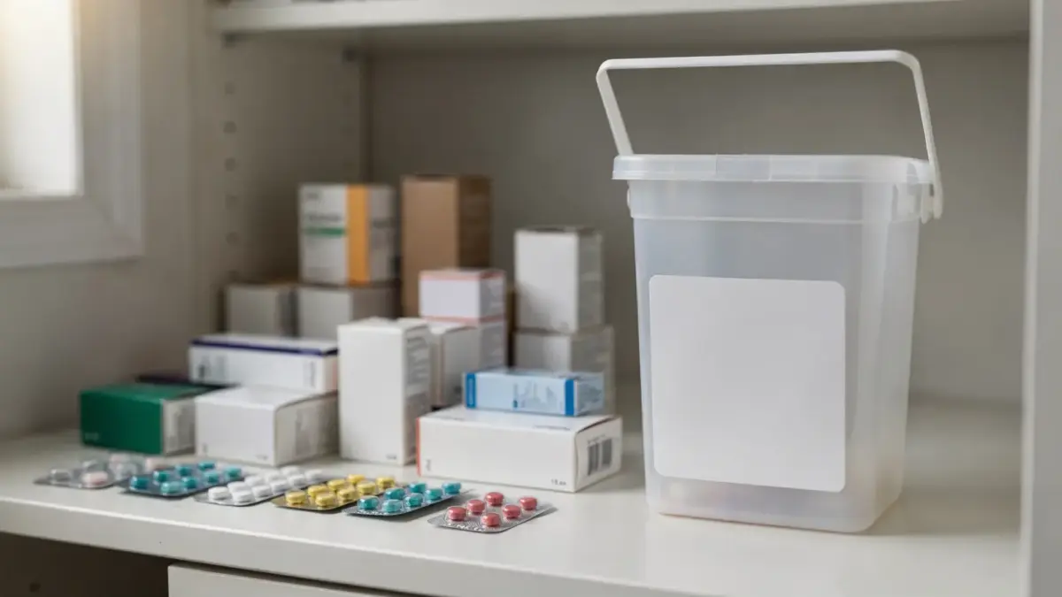 Abgelaufene Medikamente neben einer Sammelbox zur sicheren Entsorgung
