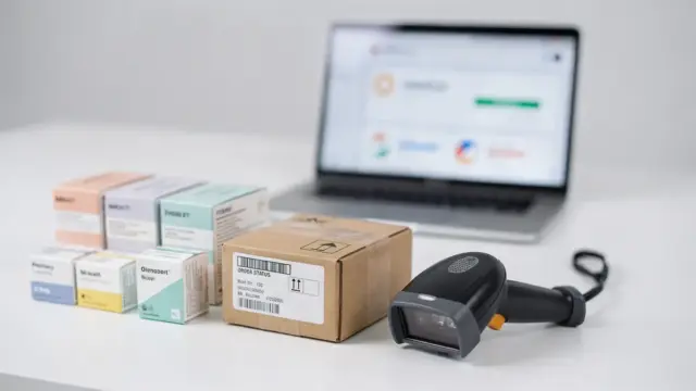 Versandapotheken vergleichen: Paket, Medikamentenpackungen und Scanner in einer Versandapotheke