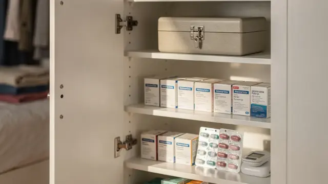 Ordentliche Hausapotheke im Schlafzimmerschrank mit Arzneimitteln und kindersicherem Fach
