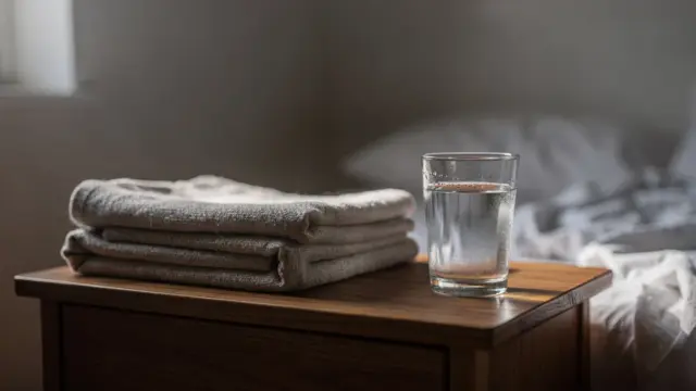 Nachttisch mit Wasserglas und Decke bei Erholung nach Gürtelrose